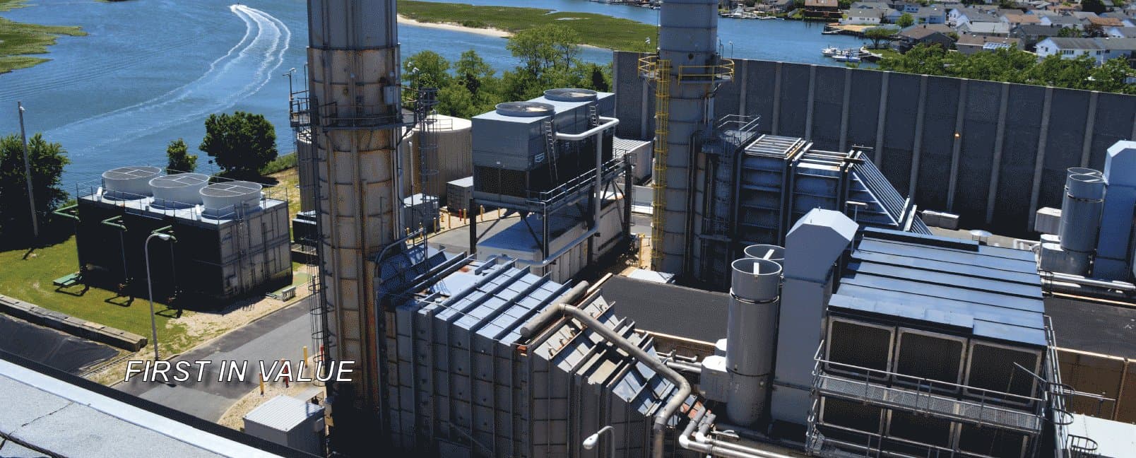 Aerial view of the Freeport Electric power plant along the waterfront